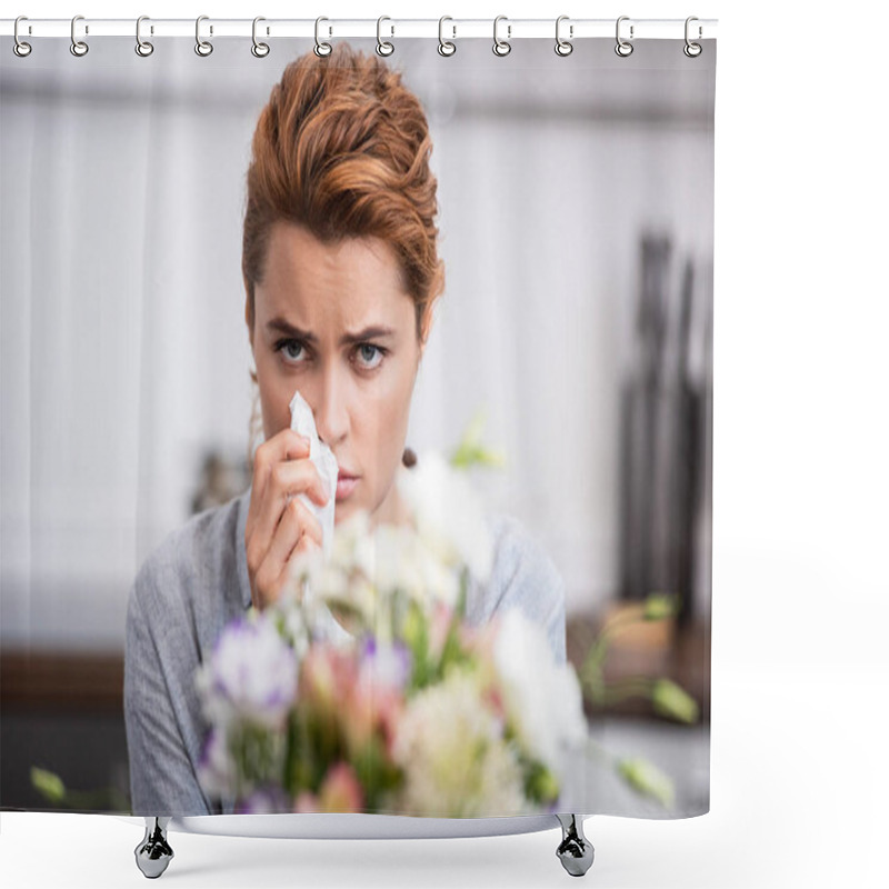 Personality  Selective Focus Of Sick Woman With Pollen Allergy Holding Tissue Near Flowers  Shower Curtains