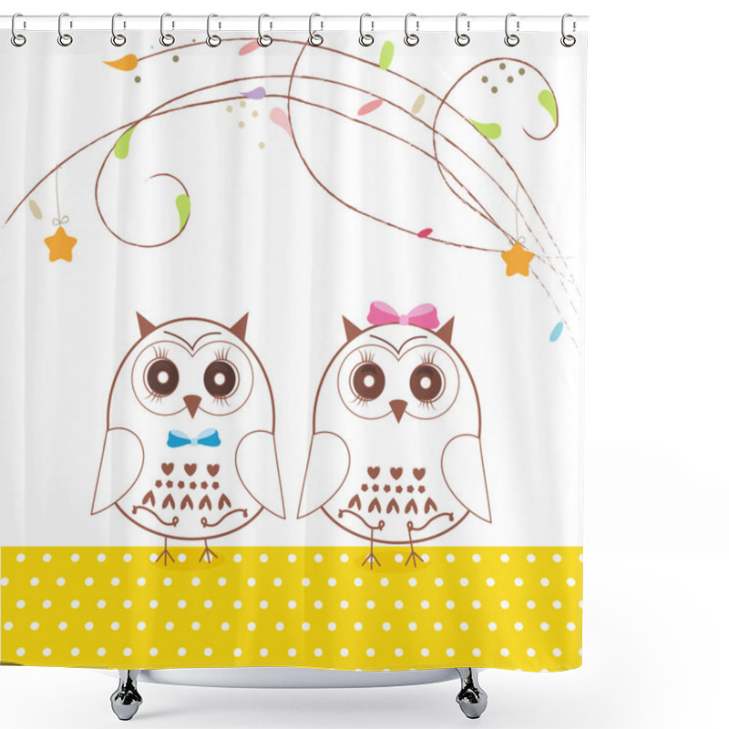 Personality  Newborn Twins Baby With Owl Baby Shower Greeting Card Vector Shower Curtains