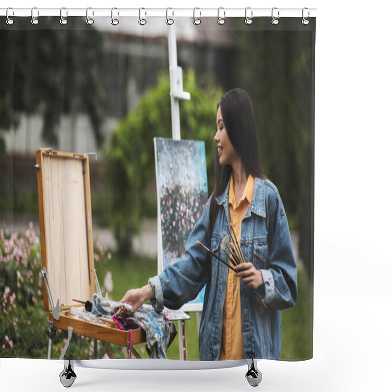 Personality  Portrait Of Asian Beautiful Woman Paint In Her Art Studio Outdoor. Young Asian Girl Holding Her Paintbrush. Artist Workshop Education Concept Shower Curtains