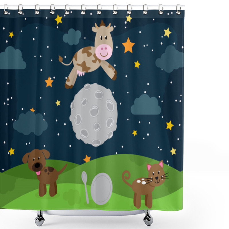 Personality  Hey Diddle Diddle Nursery Rhyme Landscape With Cow Jumping Over The Moon Shower Curtains