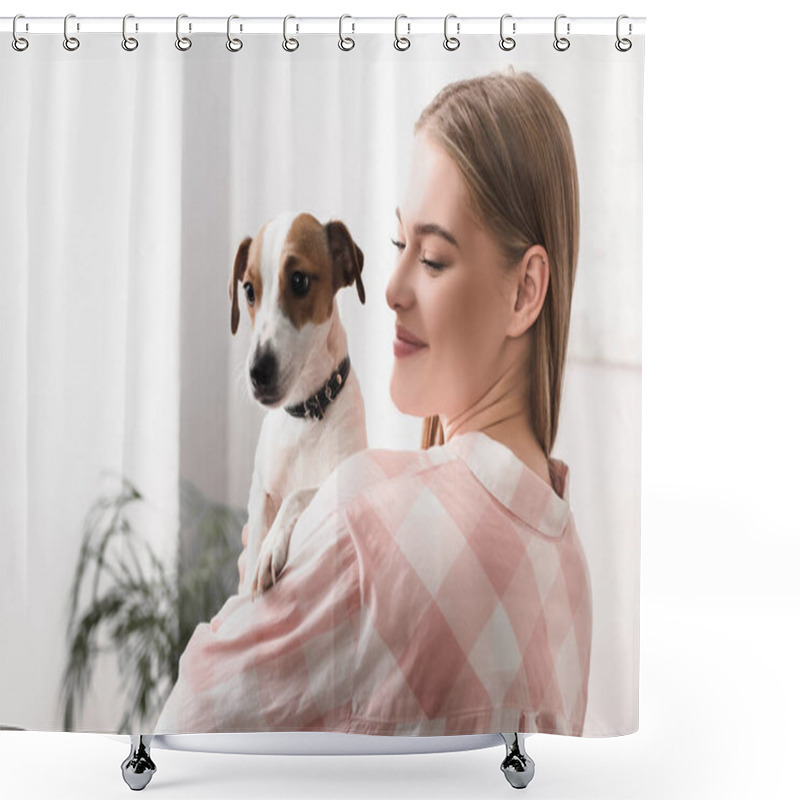 Personality  Young Cheerful Woman Holding In Arms Jack Russell Terrier In Living Room  Shower Curtains