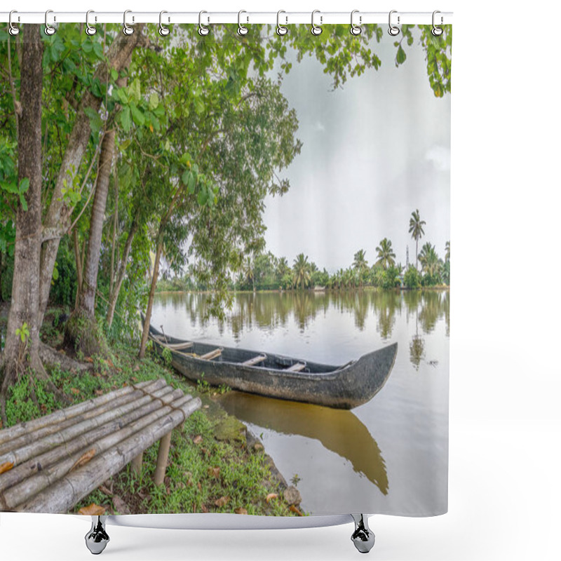 Personality  Boat And Bench On Island In Kerala Backwaters Shower Curtains