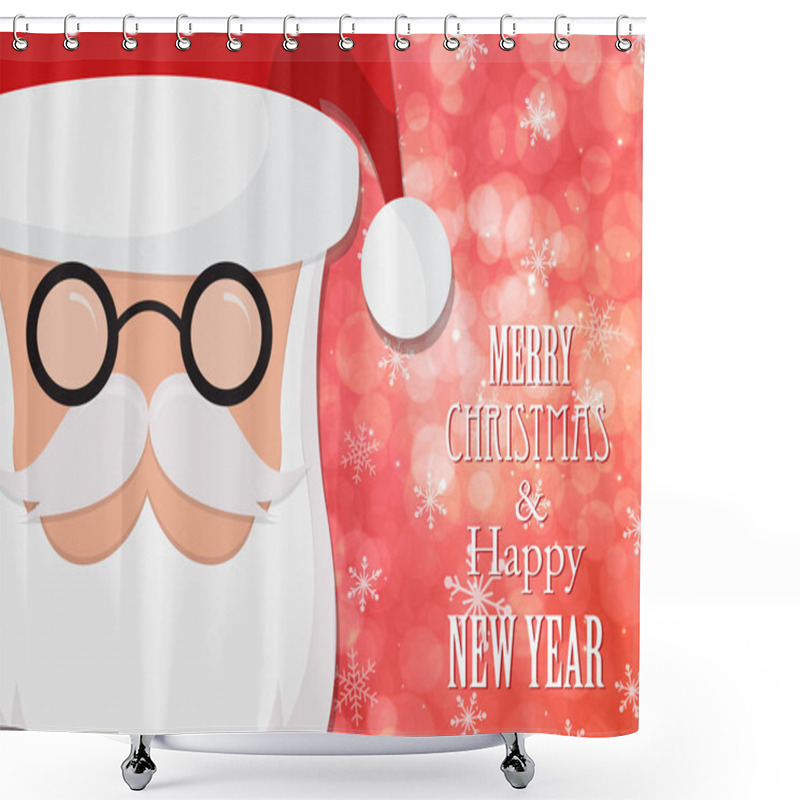 Personality  Santa Claus, Hat, Glasses And Beard Isolated On Bokeh Background With Snowflakes. Hipster Santa. Happy New Year And Christmas Greetings Card Shower Curtains