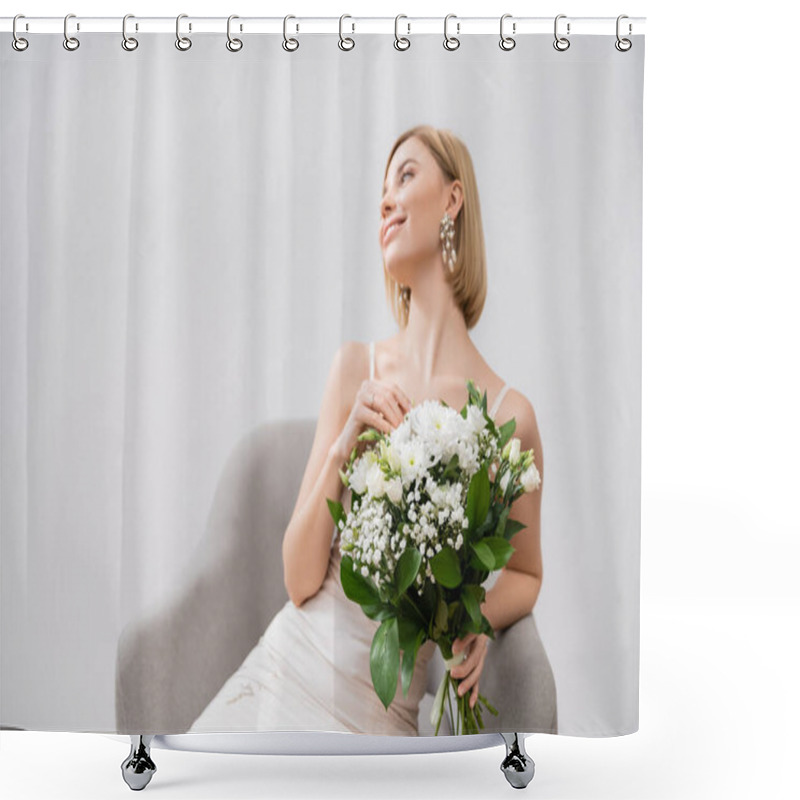 Personality  Special Occasion, Happy Blonde Bride In Wedding Dress Sitting In Armchair And Holding Bouquet On Grey Background, Engagement Ring, White Flowers, Bridal Accessories, Happiness, Feminine  Shower Curtains