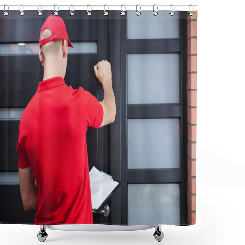 Personality  Delivery Man Knocking On The Client's Door Shower Curtains