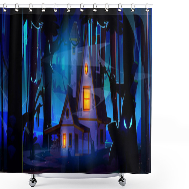 Personality  Spooky Forest Landscape With House Under Moon Light. Creepy Magic Haunted Woodland. Scary Night Cartoon Scenery With Light In Windows Of Cottage, Woods With Mystic Glow And Fog. Fantasy Fairy Shack. Shower Curtains