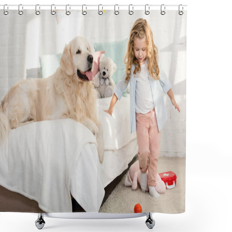 Personality  Adorable Child Standing Near Bed With Dog In Children Room Shower Curtains