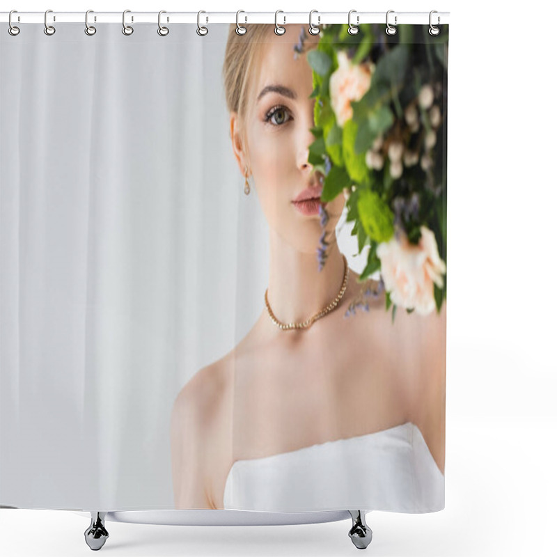 Personality  Beautiful Bride In Elegant Wedding Dress Covering Face With Flowers Isolated On White  Shower Curtains