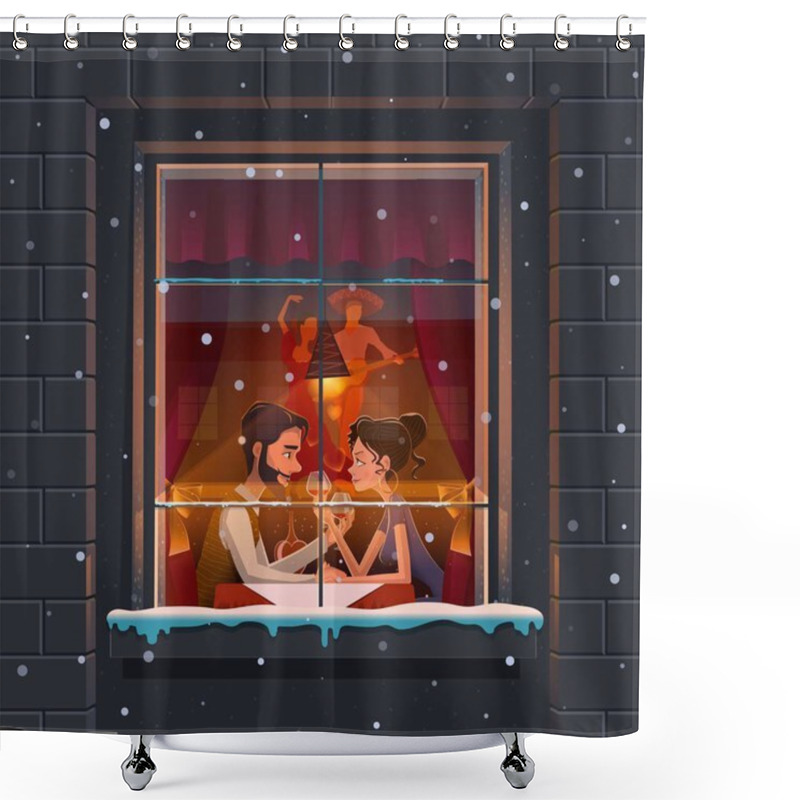 Personality  Restaurant. Valentines Day. Guy And The Girl A Romantic Meeting At Themed Mexican Restaurants. Shower Curtains