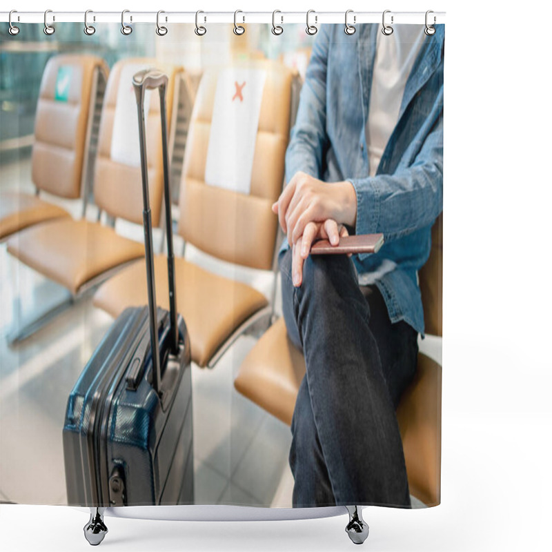 Personality  Travel Abroad Concept. Male Tourist Hand Holding Passport Sitting With Suitcase Luggage On Seat In Waiting Area Of Airport Terminal. Shower Curtains