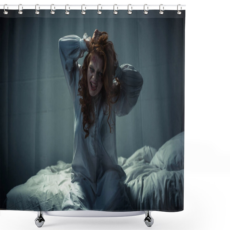 Personality  Creepy Girl In Nightgown Screaming In Bedroom Shower Curtains