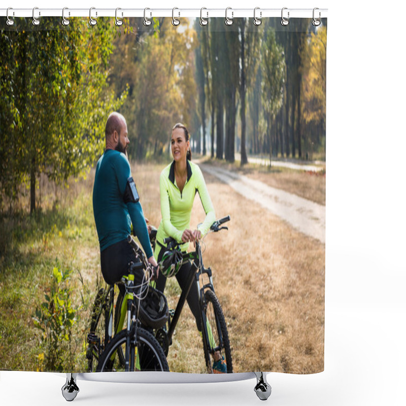 Personality  Couple Of Cyclists Resting In Park Shower Curtains