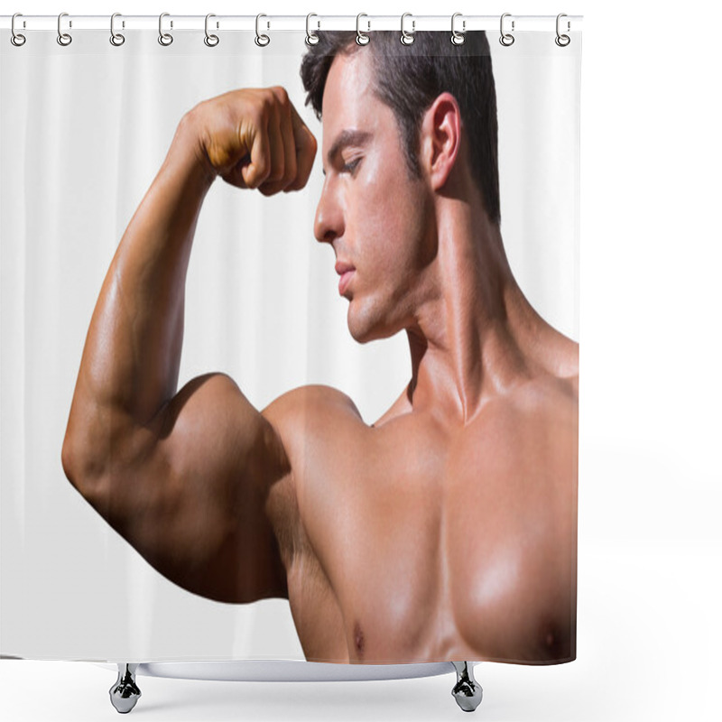 Personality  Close-up Of A Shirtless Muscular Man Flexing Muscles Shower Curtains