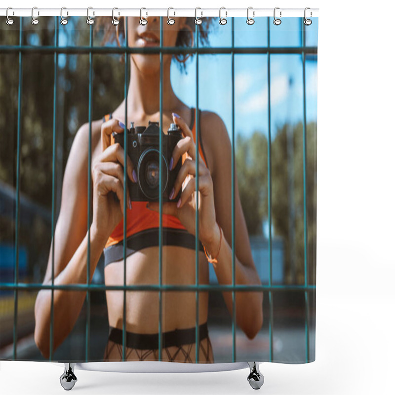 Personality  Sportive Woman With Camera Shower Curtains