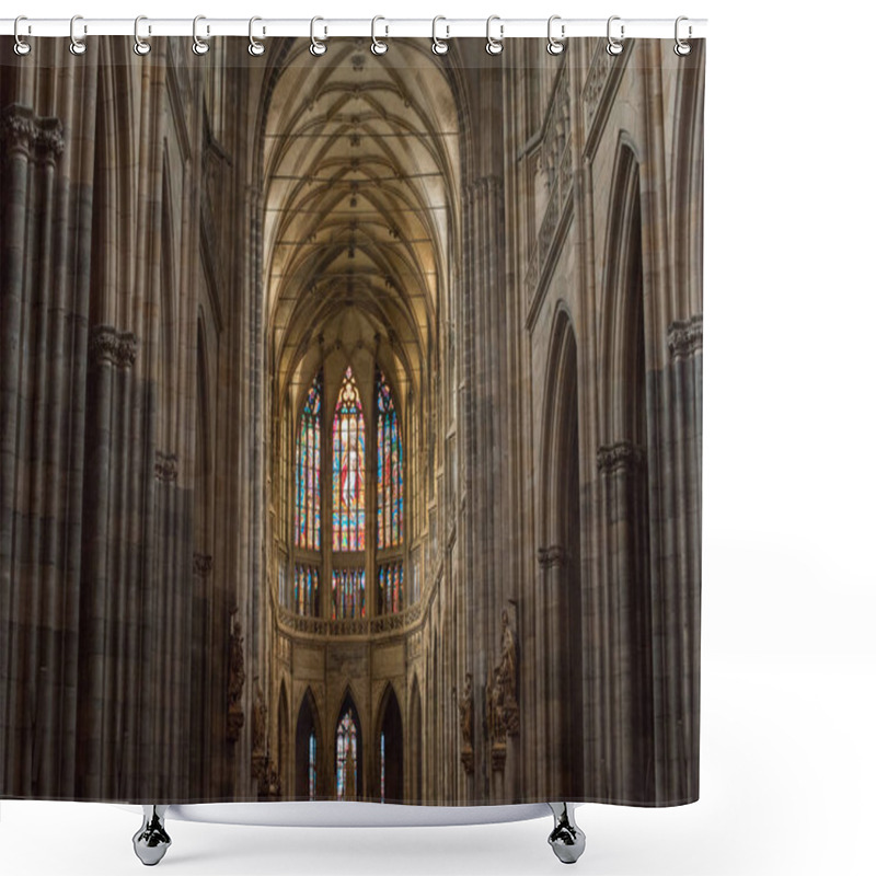 Personality  PRAGUE, CZECH REPUBLIC - JULY 23, 2018: Beautiful Ancient Stained Glass Windows Inside St Vitus Cathedral In Prague, Czech Republic  Shower Curtains