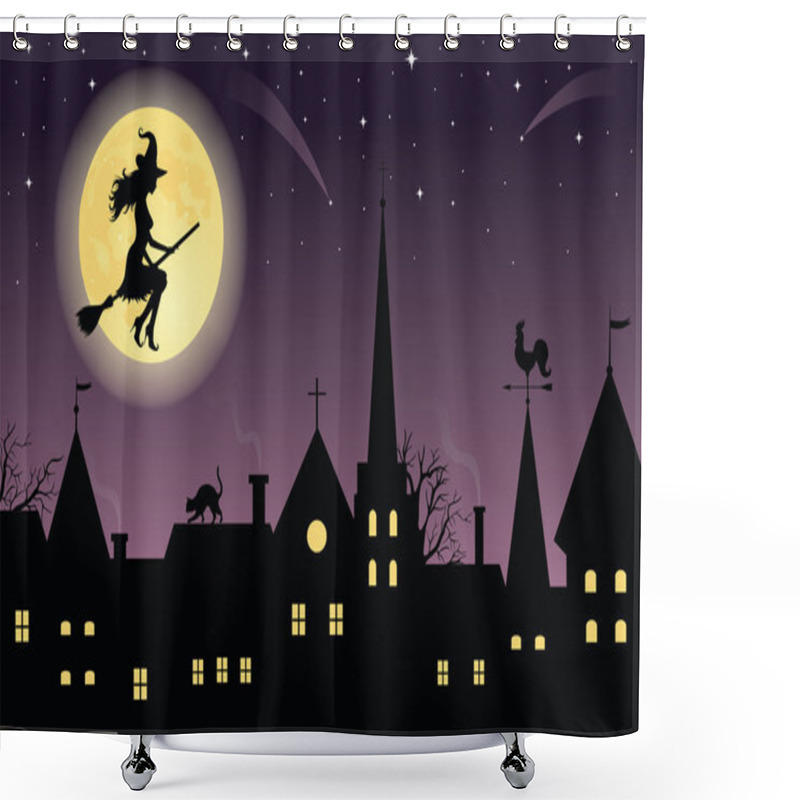 Personality  Silhouette Of A Witch On A Broom Flying Over A Town. Full Moon And Stars On The Background. Shower Curtains