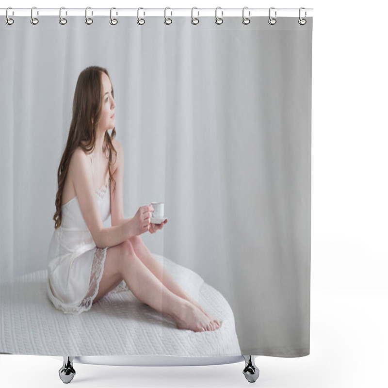 Personality  Girl With Cup Of Coffee In The Bedroom Shower Curtains