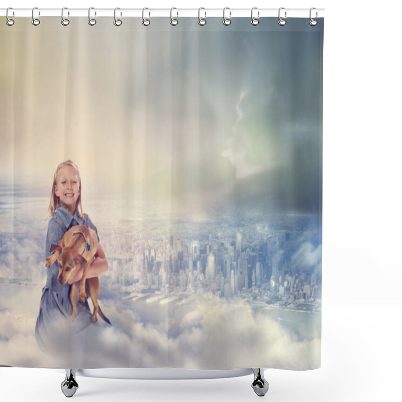 Personality  Young Blonde Girl With Her Dog On Clouds Shower Curtains