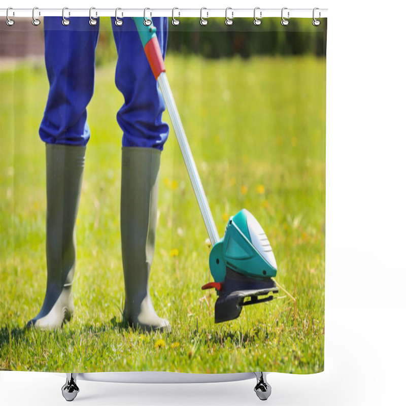 Personality  Worker Mowing Lawn With Grass Trimmer  Shower Curtains