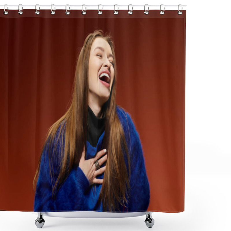 Personality  A Vibrant Stylish Woman Wearing A Blue Coat Shares A Joyful Laugh, Enjoying The Moment. Shower Curtains