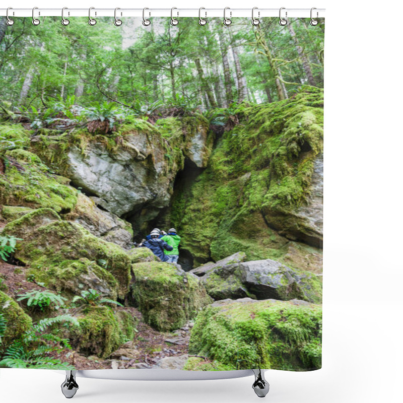 Personality  QUALICUM BEACH, CANADA - JULY 7, 2016: A Group Of Visitors Enter A Cave Opening At Horne Lake Caves Provincial Park On Vancouver Island's Qualicum Beach. Shower Curtains