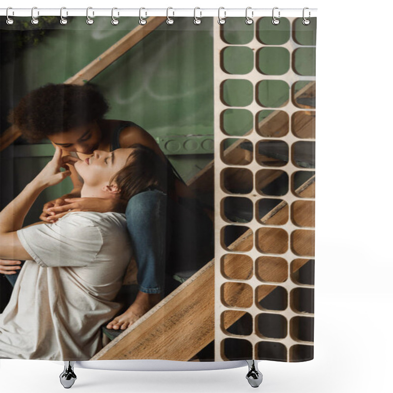 Personality  Smiling Artist Touching Face Of Seductive African American Woman Embracing Him On Stairs In Workshop Shower Curtains