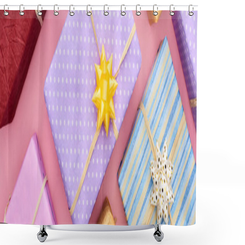 Personality  Panoramic Shot Of Wrapped Gift Boxes With Bows On Pink  Shower Curtains