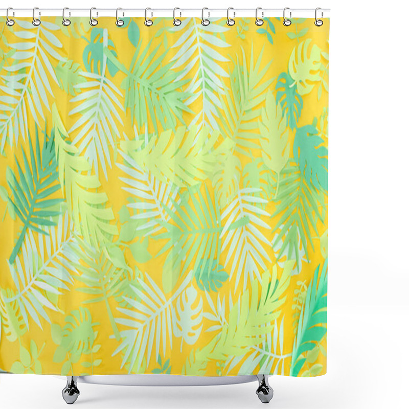 Personality  Top View Of Paper Cut Green Tropical Leaves On Yellow Bright Background With Copy Space Shower Curtains