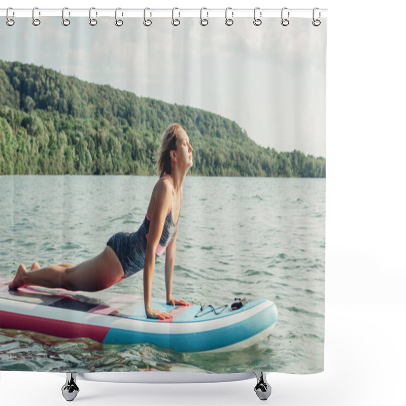 Personality  Middle Age Caucasian Woman Practising Yoga On Paddle Sup Surfboard At Sunset. Female Stretching Doing Workout On Lake Water. Modern Individual Outdoor Summer Aquatic Sport Activity. Shower Curtains