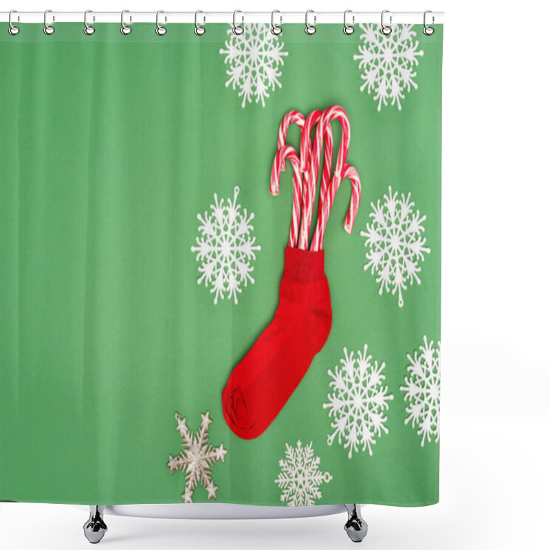 Personality  Red Christmas Stocking With Candy Canes Near Decorative Snowflakes On Green Shower Curtains