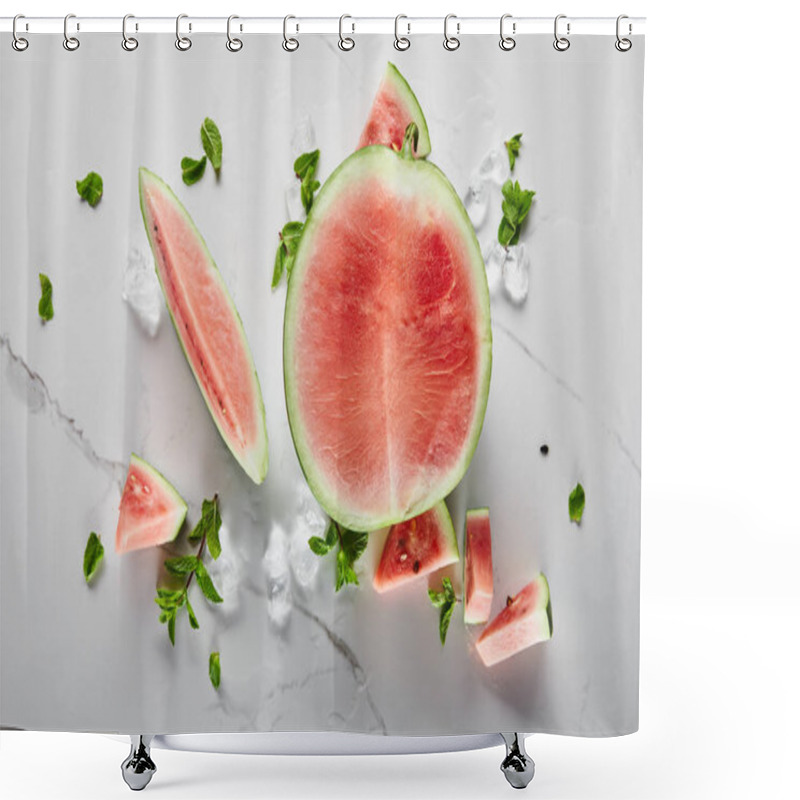 Personality  Top View Of Cut Delicious Red Watermelon With Seeds On Marble Surface With Ice And Mint Shower Curtains