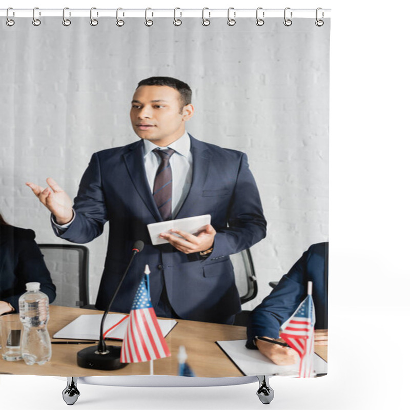 Personality  Political Party Member Talking, While Standing With Digital Tablet Near Female Colleagues During Political Party Meeting Shower Curtains