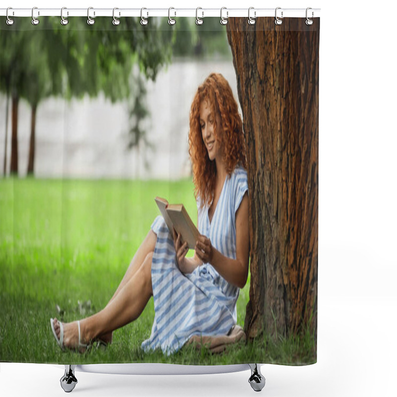 Personality  Full Length Of Cheerful Redhead Woman Reading Book While Sitting Under Tree Trunk  Shower Curtains