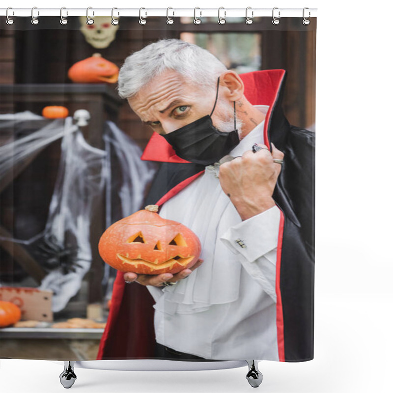 Personality  Mature Man In Vampire Halloween Costume And Black Medical Mask Looking At Camera While Holding Carved Pumpkin Shower Curtains