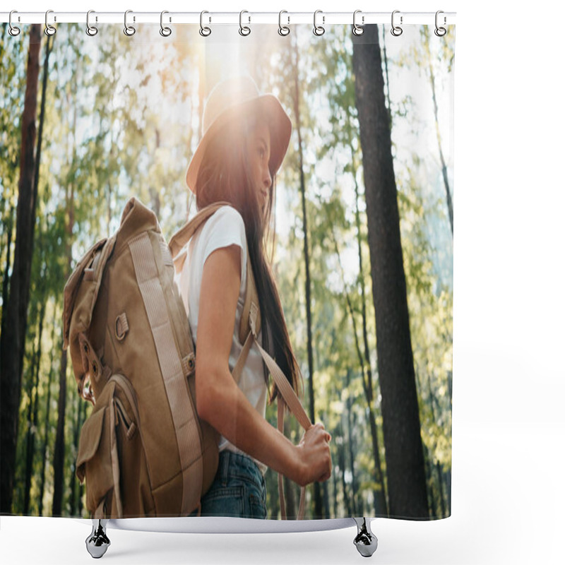 Personality  Young Traveler Woman Wearing Backpack And Hat In Hand Among Trees At Sunset. Hipster Girl With Traveling Backpack In Forest. Lens Flare Effect Shower Curtains