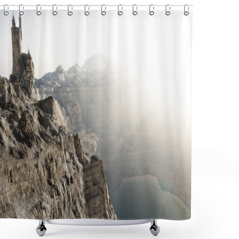 Personality  Wizards Tower High Above The Mountains Edge Overlooking A Lake. Fantasy Concept 3d Rendering Illustration. 3d Render Shower Curtains