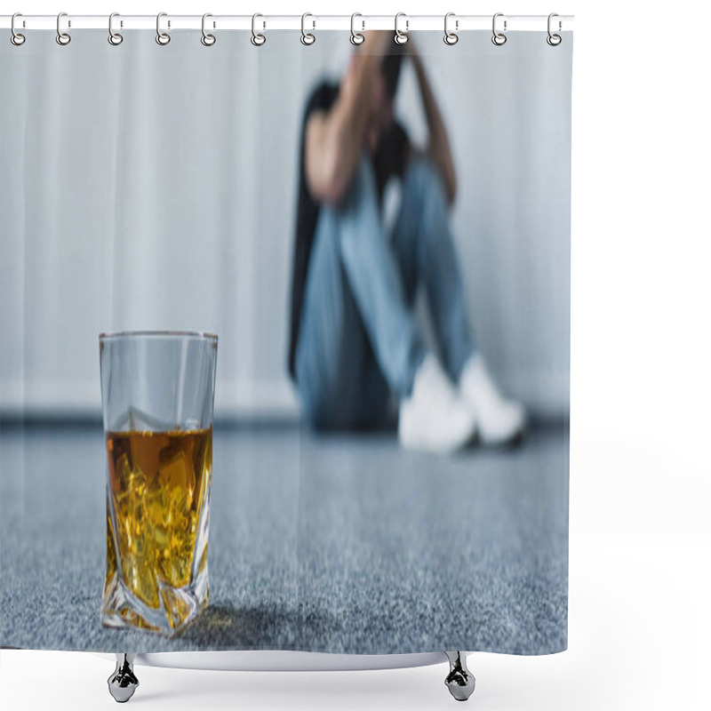 Personality  Selective Focus Of Depressed Man Sitting On Floor By Wall Near Glass Of Whiskey Shower Curtains