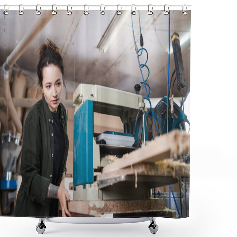 Personality  Brunette Woodworker Looking At Blurred Plank In Thickness Planer Shower Curtains