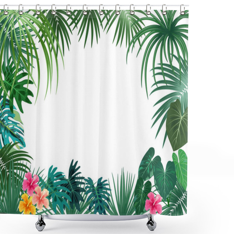 Personality  Vector Tropical Jungle Frame With Palm Trees And Leaves On White Shower Curtains