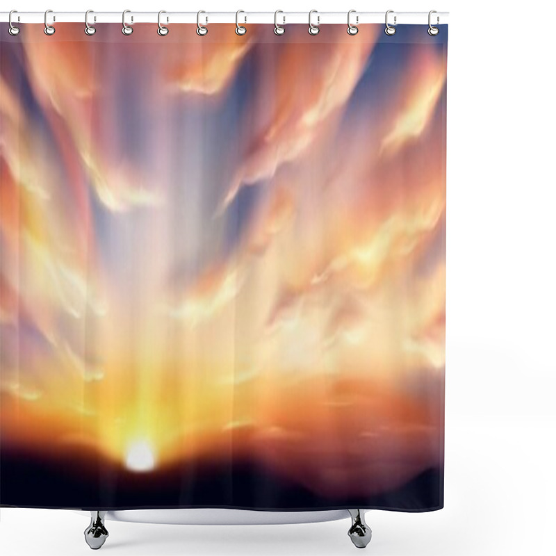 Personality  Realistic Sunset Sky With Clouds. Vector Illustration Of Sun Going Down On Horizon, Beautiful Heavenly Orange And Pink Cloudscape, Golden Hour. Magic Sunlight Above Ground. End Of Day, Aging Symbol Shower Curtains