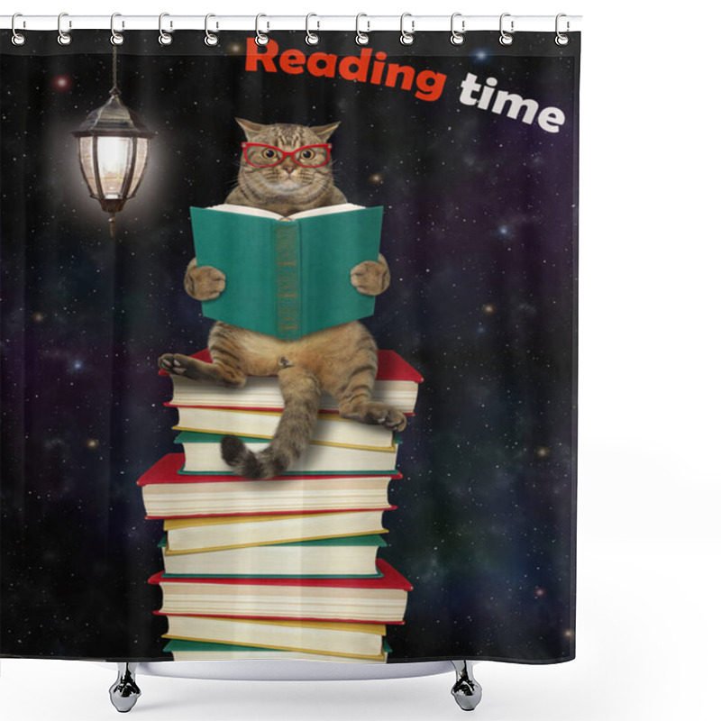 Personality  A Beige Cat In Glasses Sits On A Pile Of Books And Reads. Reading Time. Starry Sky Background. Shower Curtains