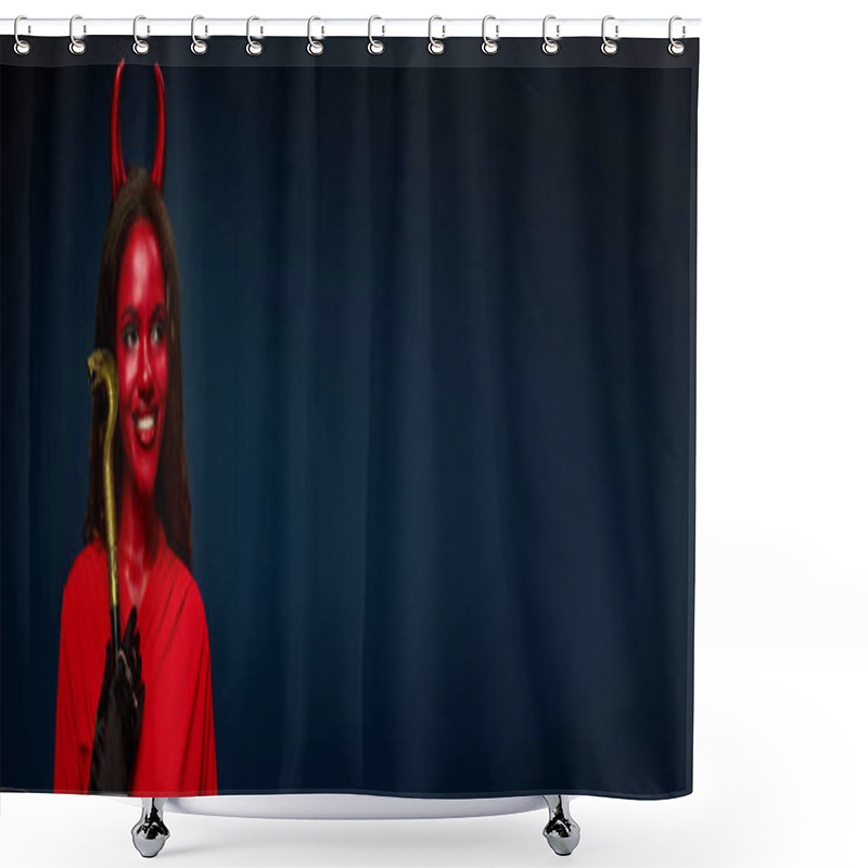 Personality  A Captivating Woman In Vibrant Red Costume Embraces The Halloween Spirit With A Joyful Expression. Shower Curtains