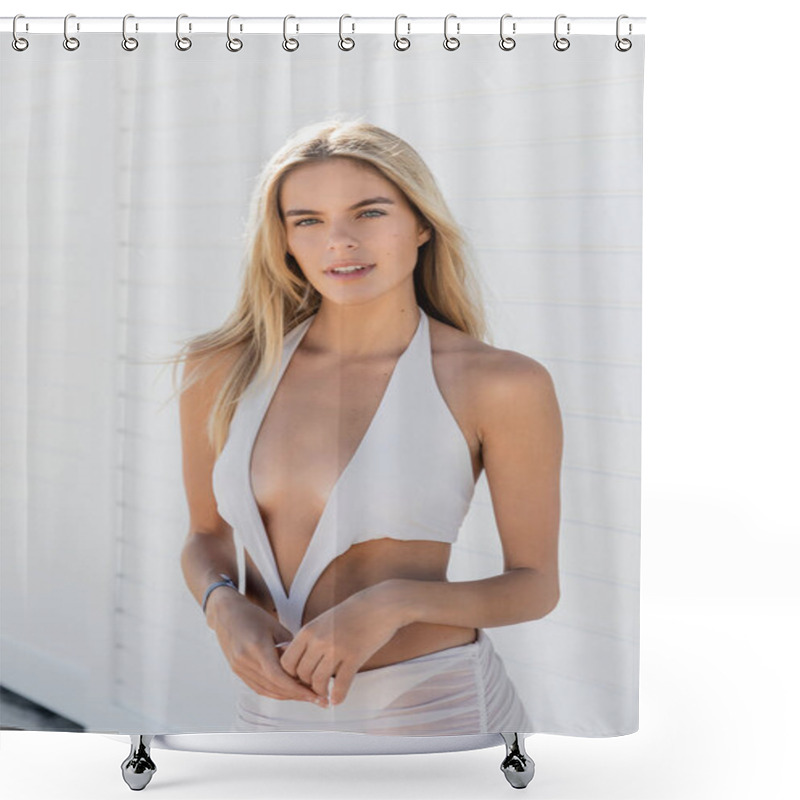 Personality  A Stunning Blonde Woman Stands Gracefully In A Flowing White Dress, Posing For A Photograph On The Sunny Miami Beach. Shower Curtains