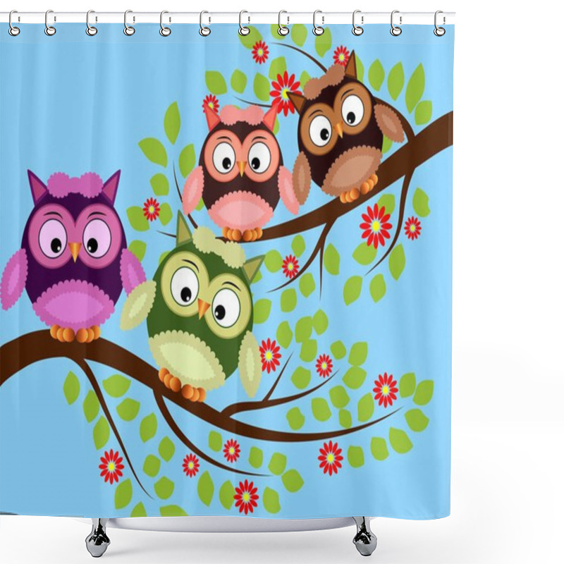 Personality  Bright Cute Cartoon Owls Sit On The Flowering Branches Of Fantastic Trees Shower Curtains