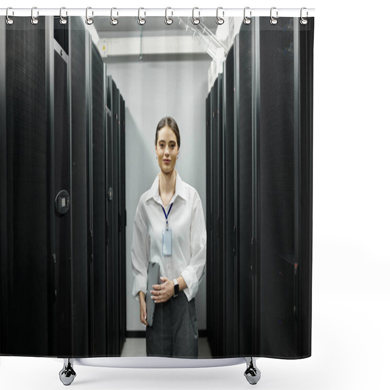 Personality  A Dedicated Woman In A White Shirt Works Diligently In A High-tech Server Room, Maintaining Systems. Shower Curtains