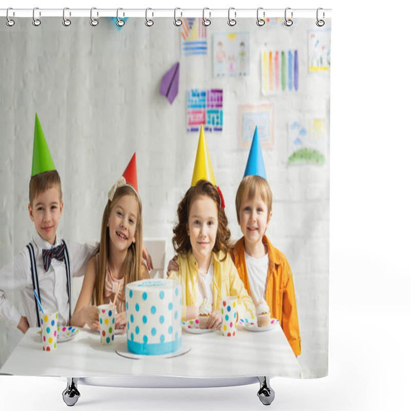 Personality  Happy Kids In Party Hats Sitting At Table With Cake And Looking At Camera While Celebrating Birthday Together Shower Curtains