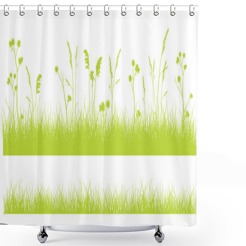 Personality  Grass Border On White, Monochrome Green Flat Design On White Shower Curtains