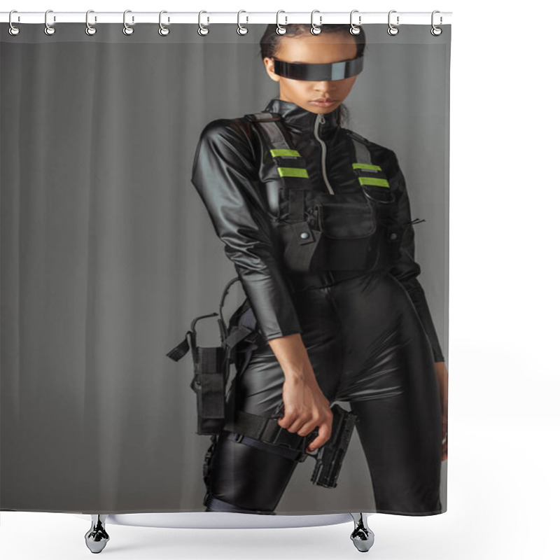 Personality  Attractive Futuristic African American Woman In Glasses With Gun On Grey Shower Curtains