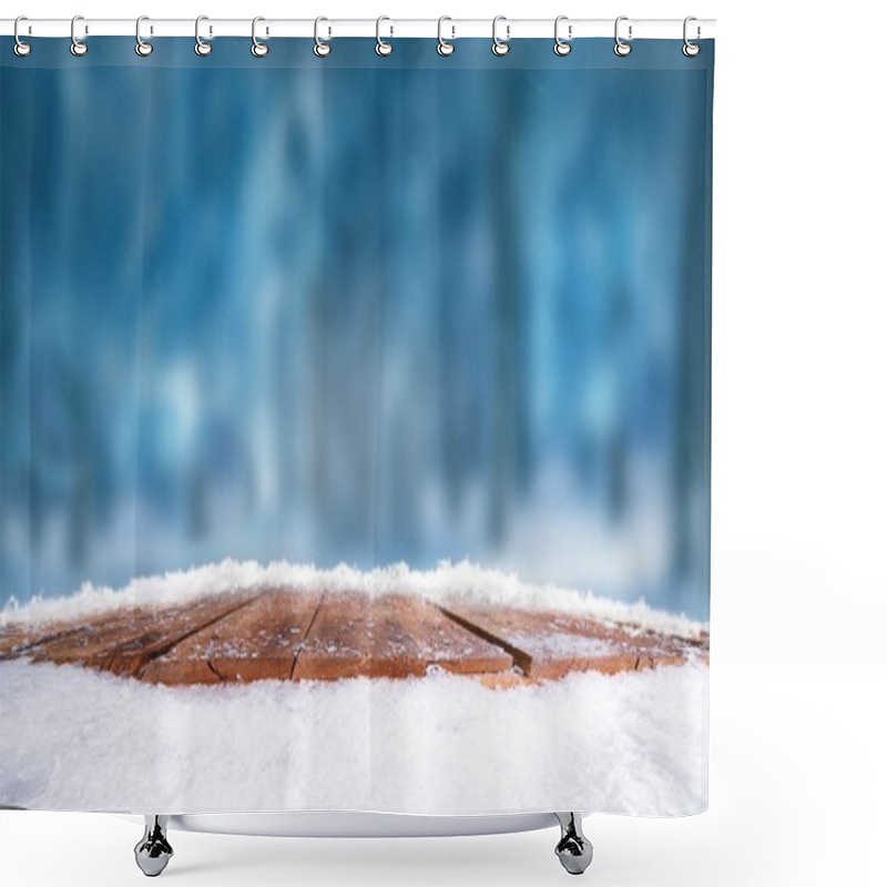 Personality  Wooden Table, Bench Covered In Snow With A Christmass, Wintery A Shower Curtains