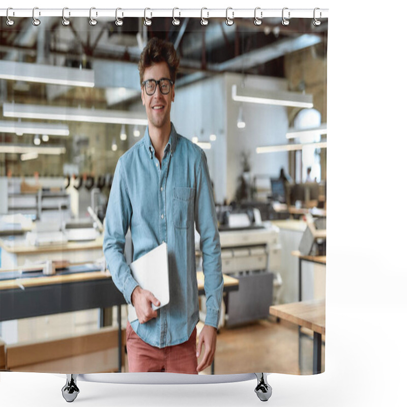 Personality  Keep Calm And Work Hard. Young Businessman Posing In Office Shower Curtains